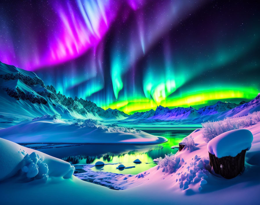 Northern Lights illuminate snowy mountains, river, and starry sky