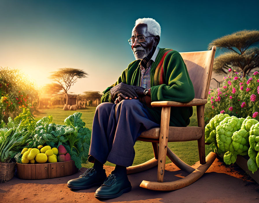 Elderly man with white hair in garden at sunset