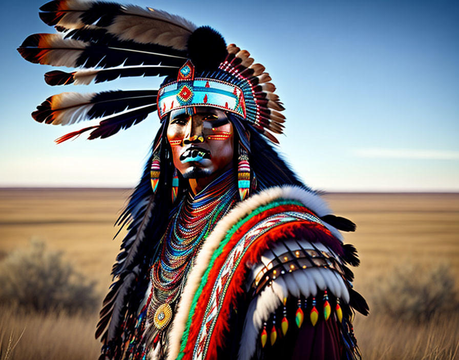 Native American in Colorful Regalia on Grass Field