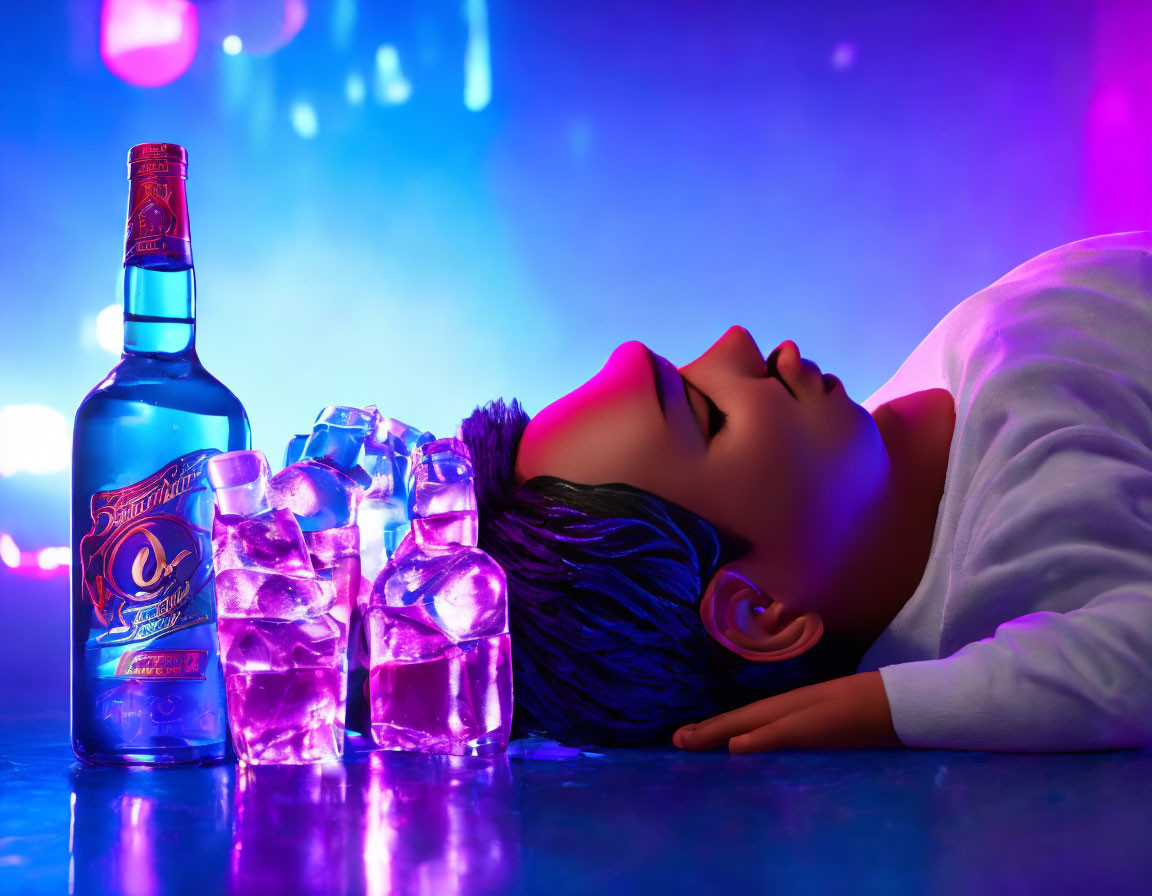 Mannequin head, bottle, and ice cubes under vibrant club lights