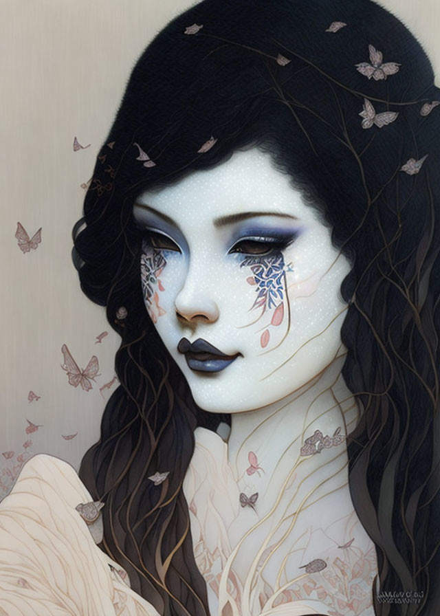 Illustrated portrait of woman with black hair, pale skin, blue lips, surrounded by butterflies and floral
