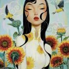 Stylized digital artwork: Young woman, sunflowers, butterflies, blue sky