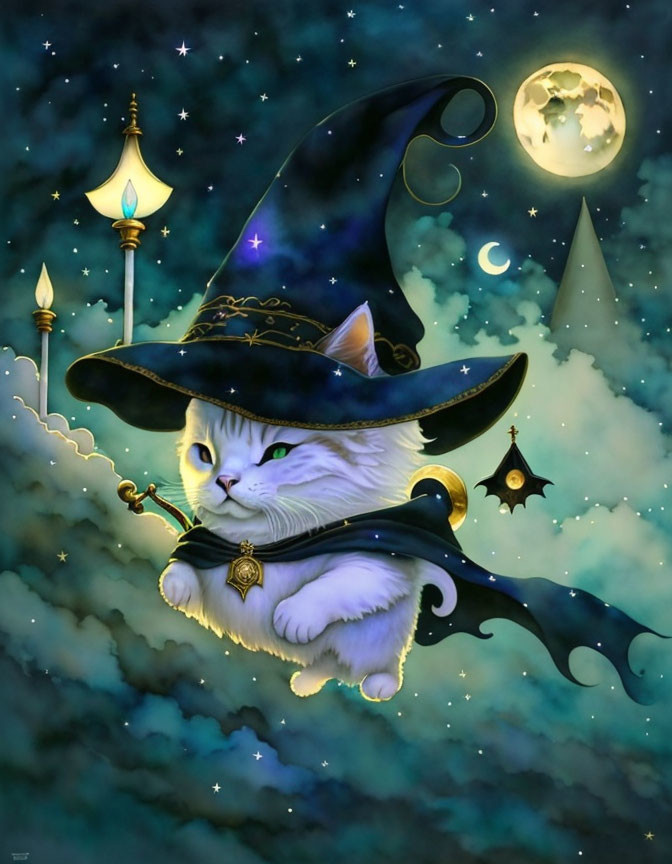 Whimsical white cat in wizard attire under crescent moon