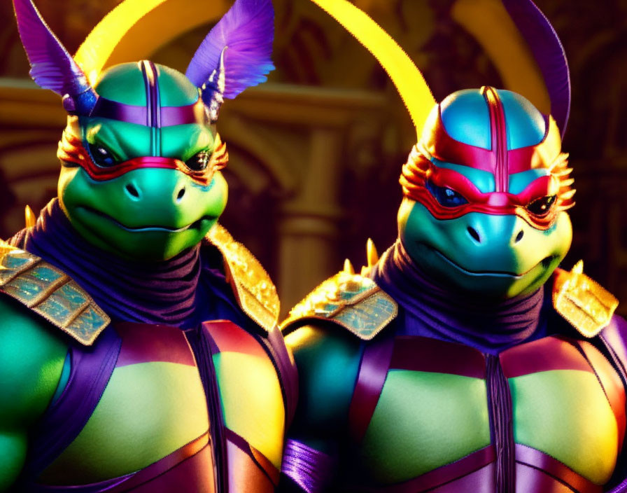 Vibrant costumed turtle characters in colorful masks and armor standing together