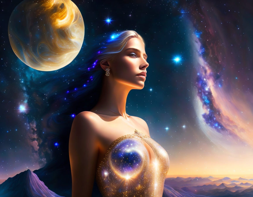Serene woman in sparkling attire against cosmic backdrop