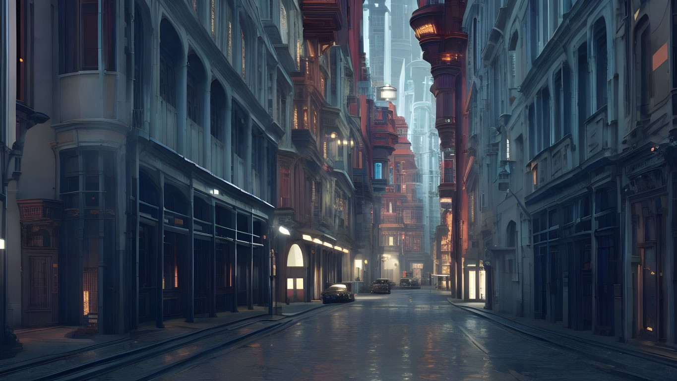 Futuristic city alley at dusk with cyberpunk architecture and neon signs
