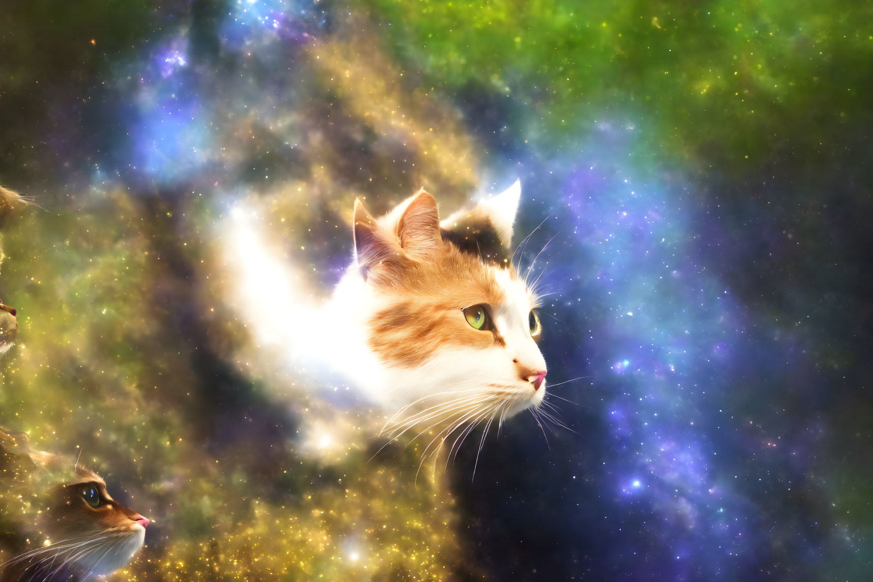 Cat's face blended with cosmic background: surreal feline portrait