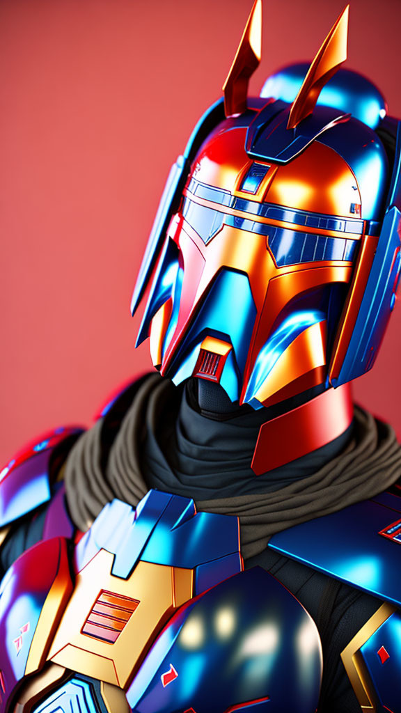 Futuristic red and blue helmet with golden accents on red background