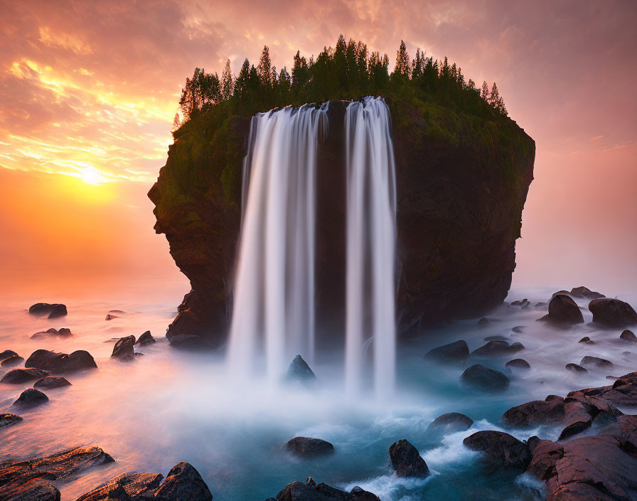 Serene sunrise waterfall flowing into the sea