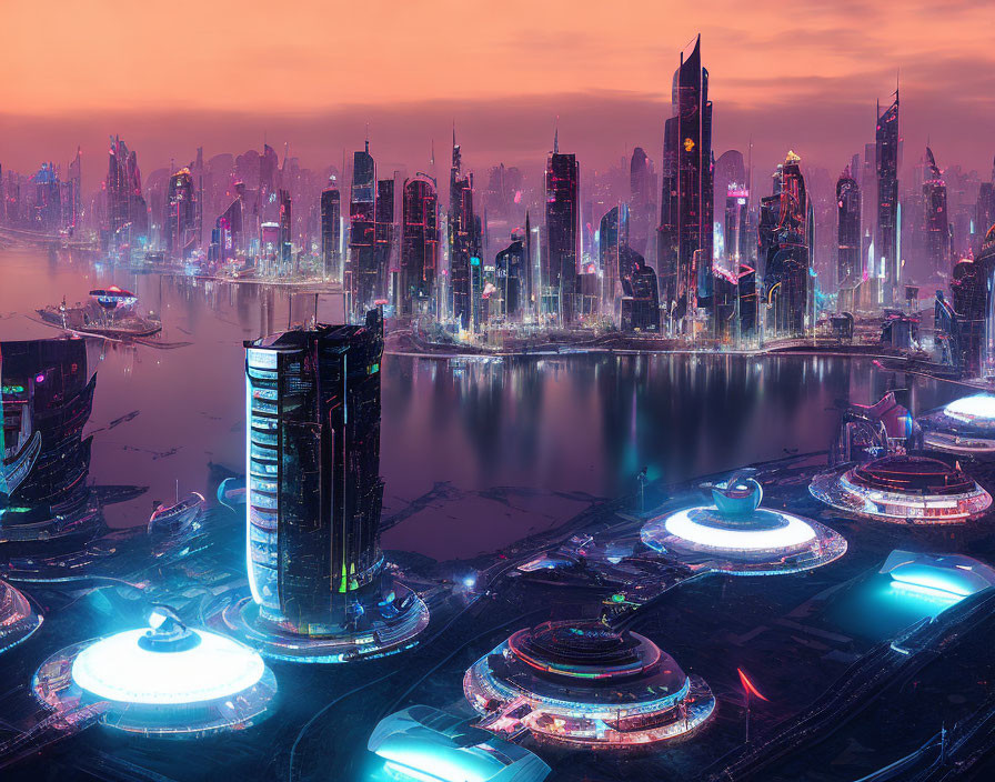 Futuristic twilight cityscape with neon lights and skyscrapers