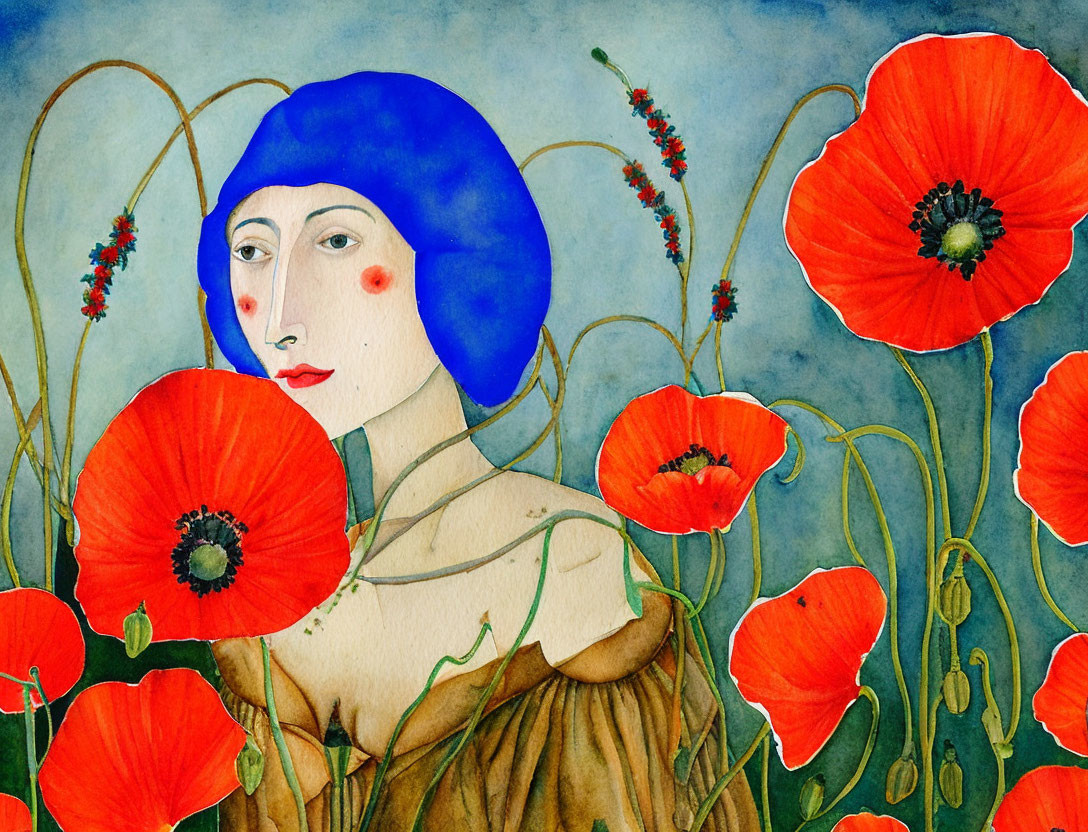 woman with a bouquet of large red poppies 