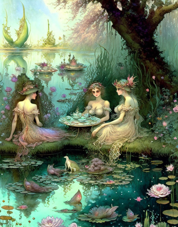 A mad tea party by an overgrown pond