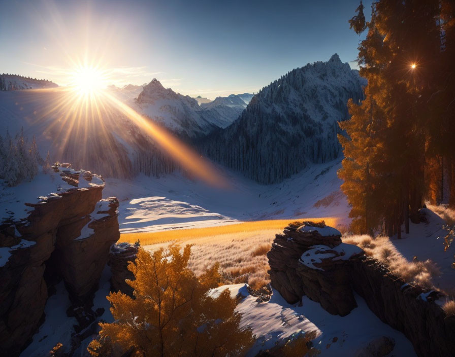 Majestic sunrise over snow-covered mountain range