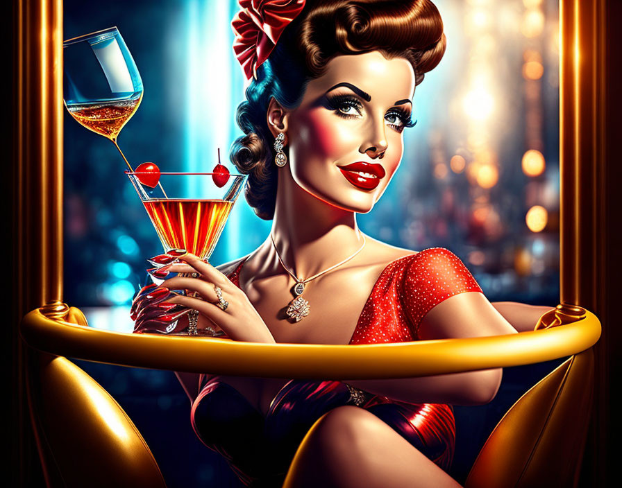pin-up girl sitting in cocktail glass