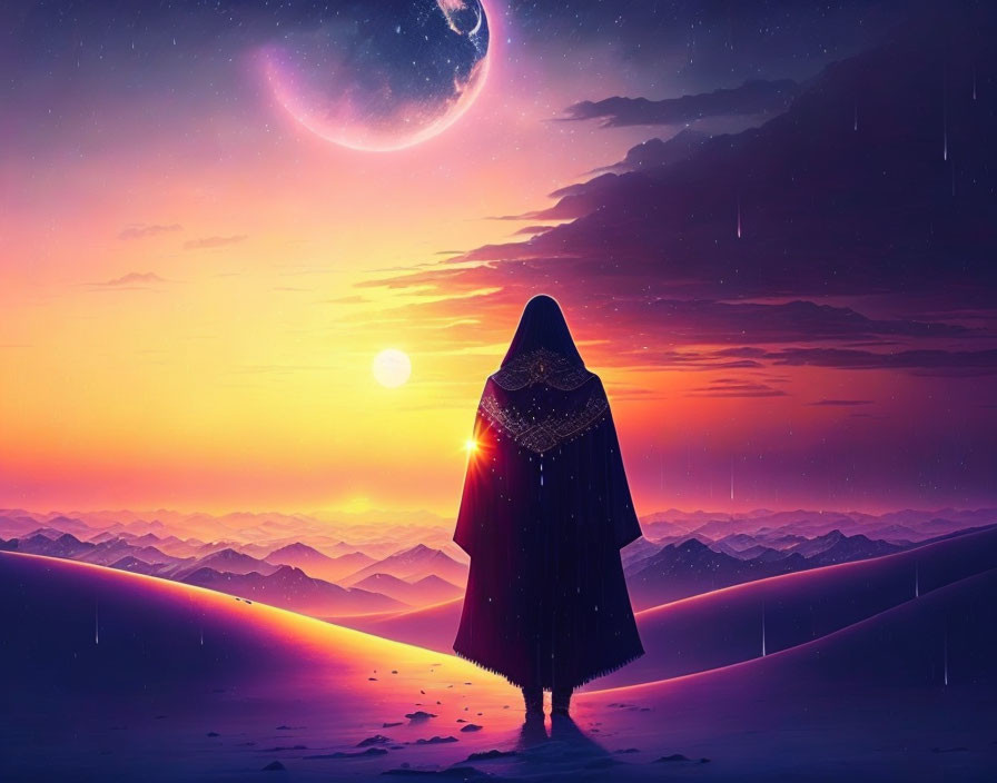 Cloaked figure on sandy hill gazes at purple sky with moon and falling stars