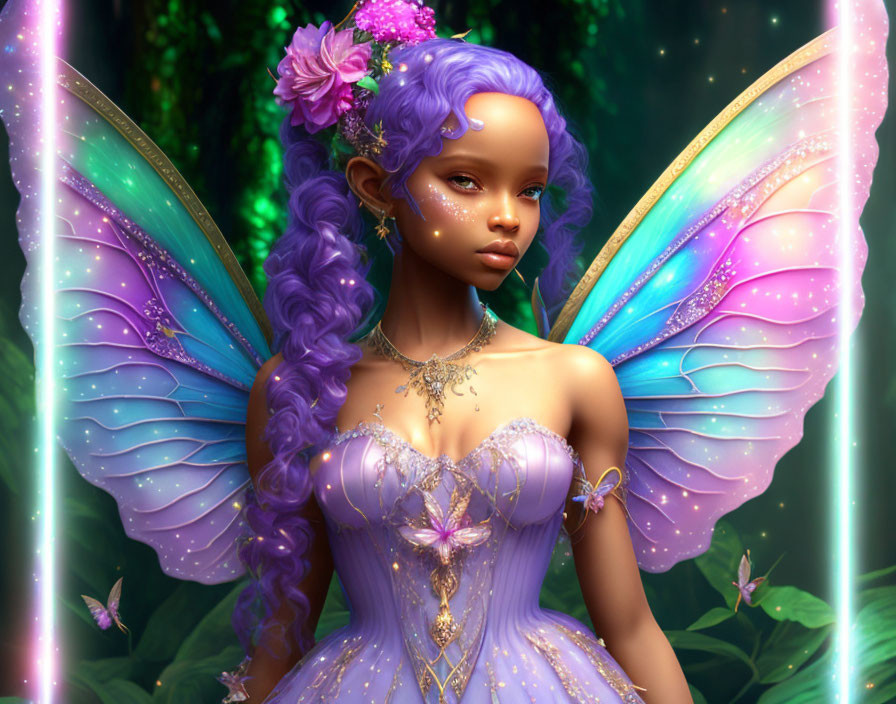 Fantasy fairy with purple hair and wings in floral dress among butterflies