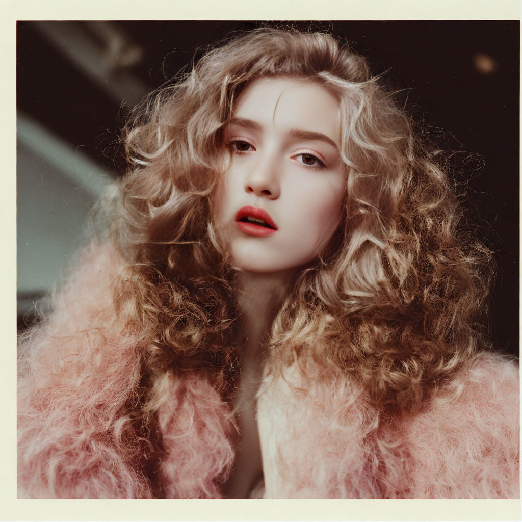 Blonde woman portrait with curly hair and red lipstick