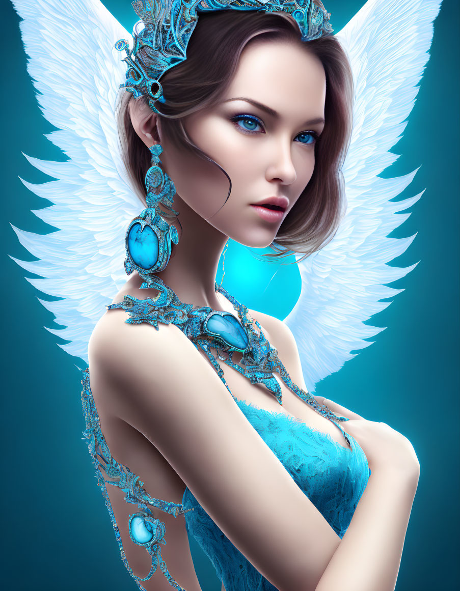 Illustrated female figure with angelic wings and blue attire in ornate jewelry and ethereal backdrop