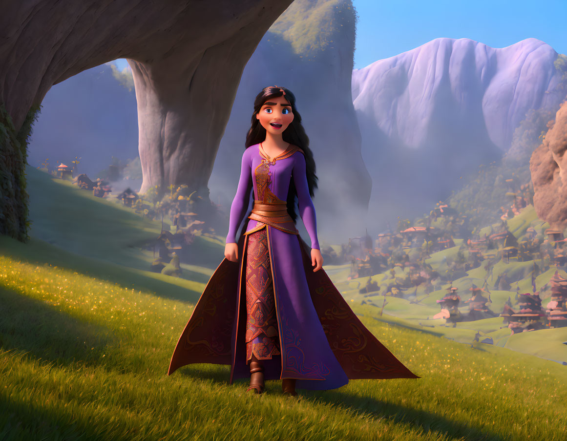 Smiling animated princess in sunlit field with village and mountains