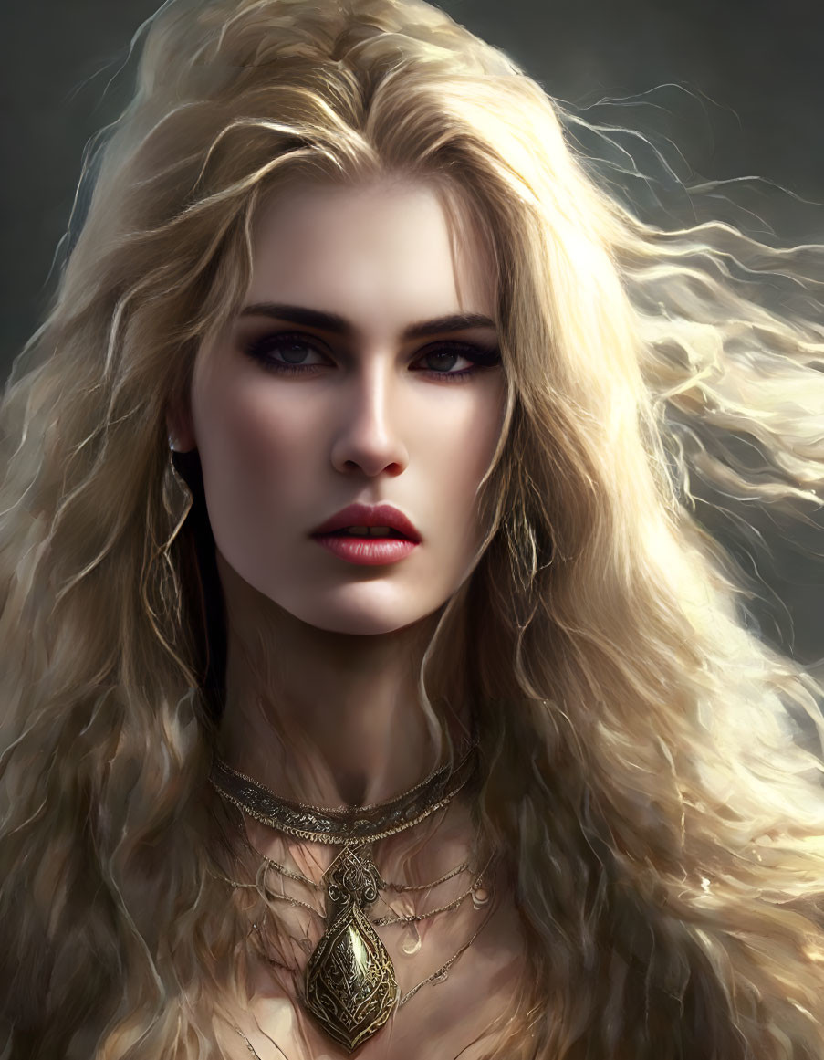 Blonde woman portrait with intense gaze and elegant jewelry