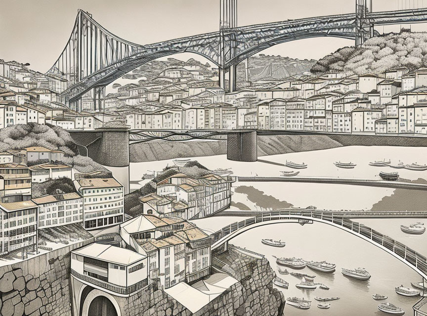 Monochromatic hilly coastal city illustration with bridges, buildings, and boats.