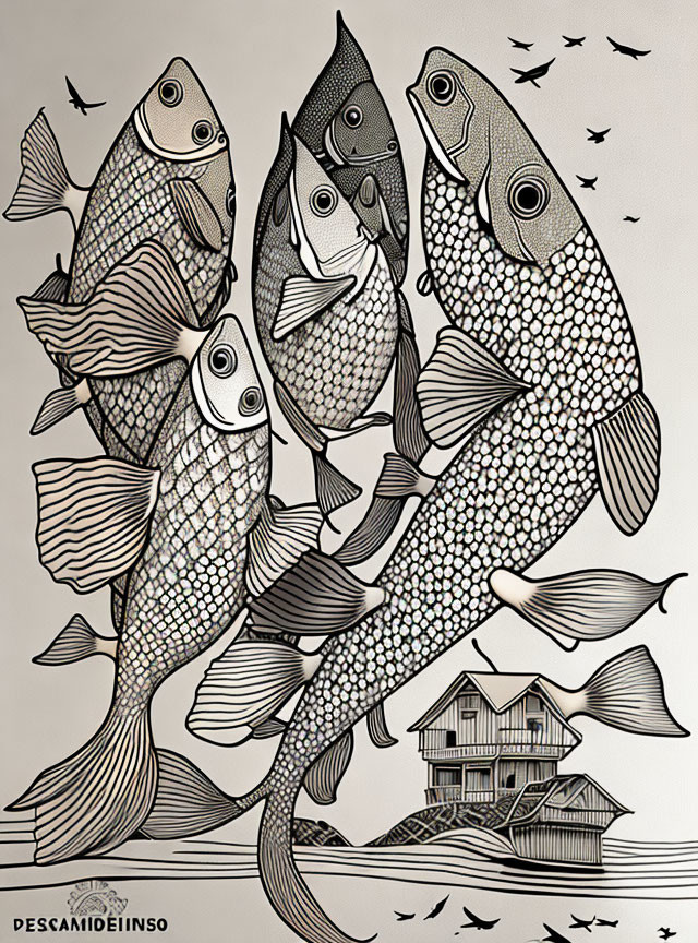 Detailed Stylized Fish Surrounding Small House on Stilts
