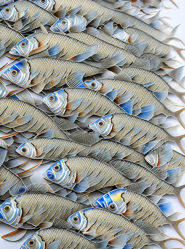 Collage of Fish with Scales and Blue Eyes in Flowing School