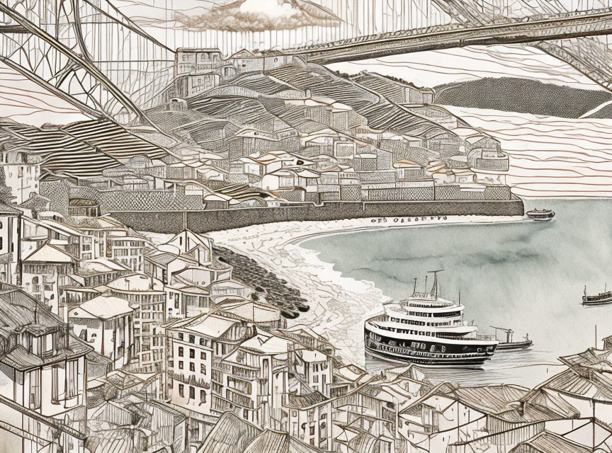 Detailed Coastal Town Sketch with Buildings, Bridge, Castle, Beach, and Ships