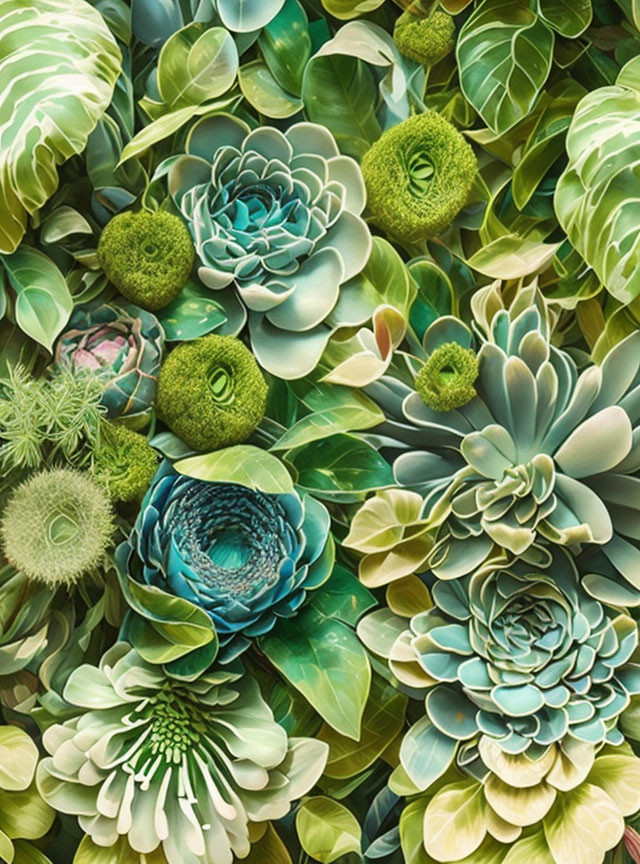 Vibrant green succulents and moss in textured botanical display