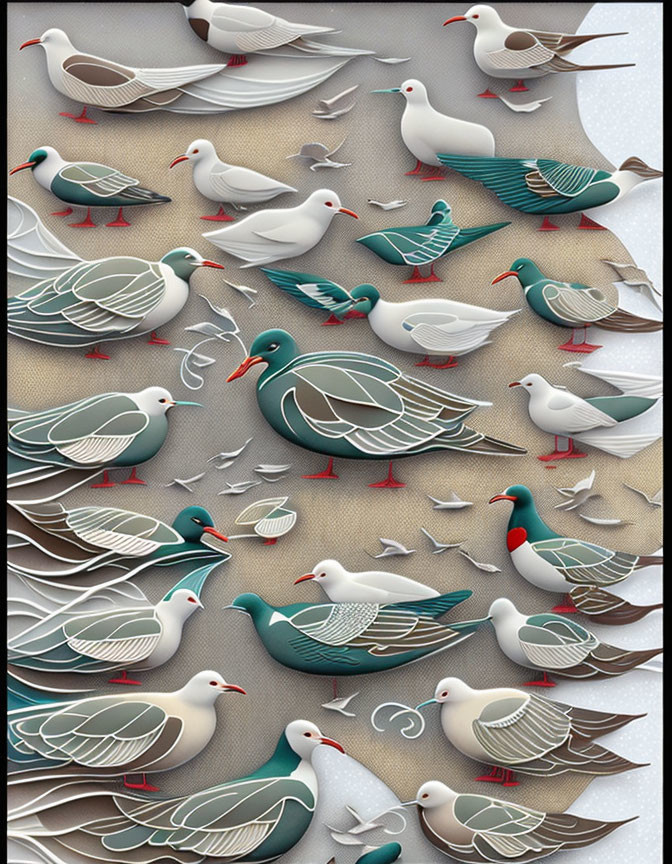 Stylized pigeon illustrations in white, grey, and teal with leaf accents
