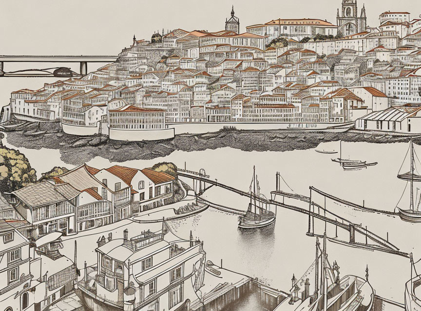 Detailed black and white sketch of historical cityscape with bridges, boats, and hills