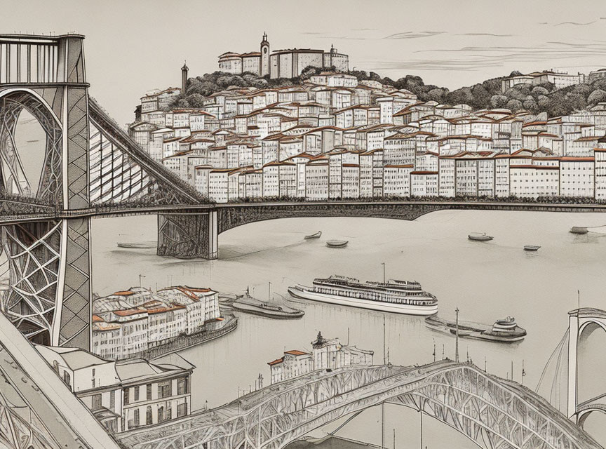 Detailed sepia cityscape illustration with bridge, river, boats, and hilltop buildings.