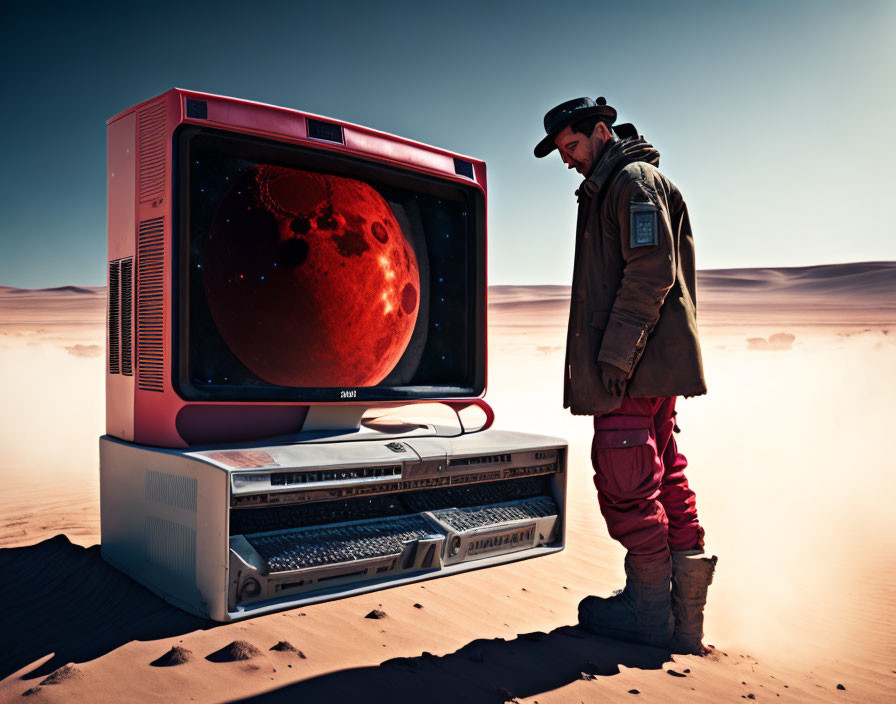 Futuristic outfit next to vintage TV showing red planet in desert landscape