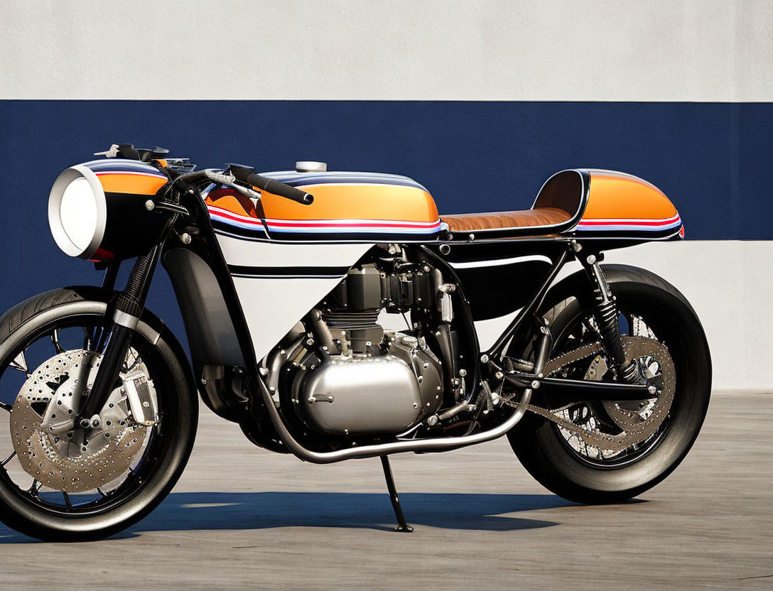 Vintage-Style Motorcycle with Orange, White, and Black Color Scheme Against Blue and White Striped Wall