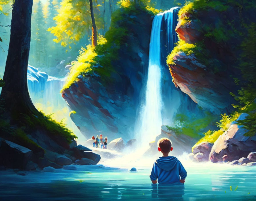 Boy sitting by majestic waterfall in lush greenery with people in distance