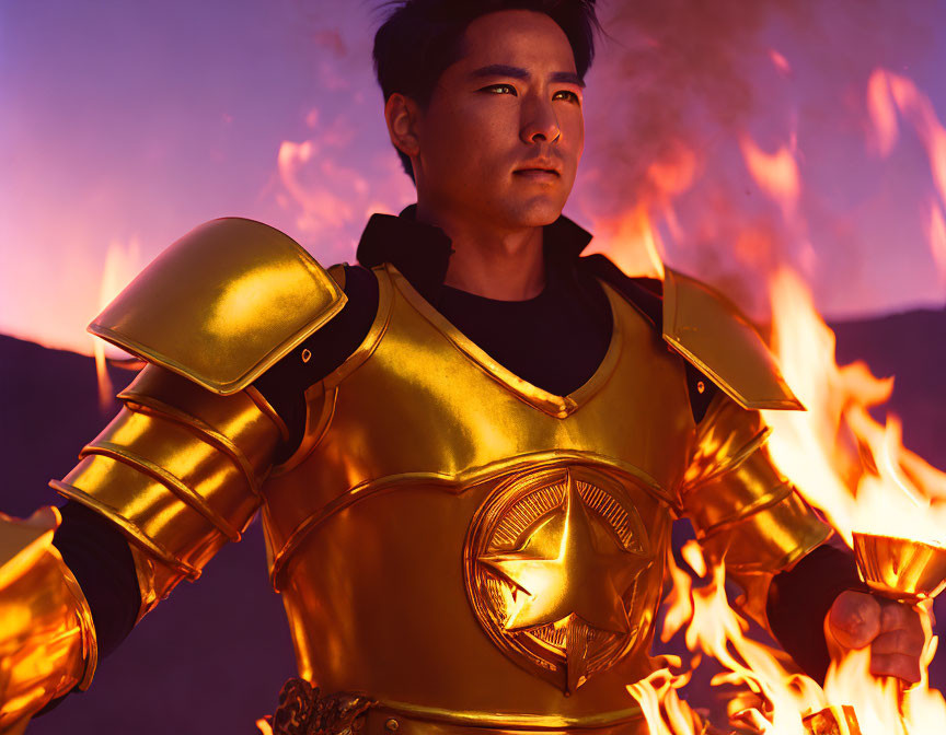 Golden Armored Figure Stands with Flames Background