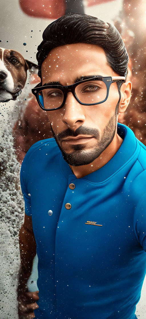 Man in Blue Apparel with Glasses and Stylized Beard, Blurred Dog and White Particles