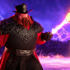 Animated character in red cloak and black armor wields fiery sword amid lightning and lava