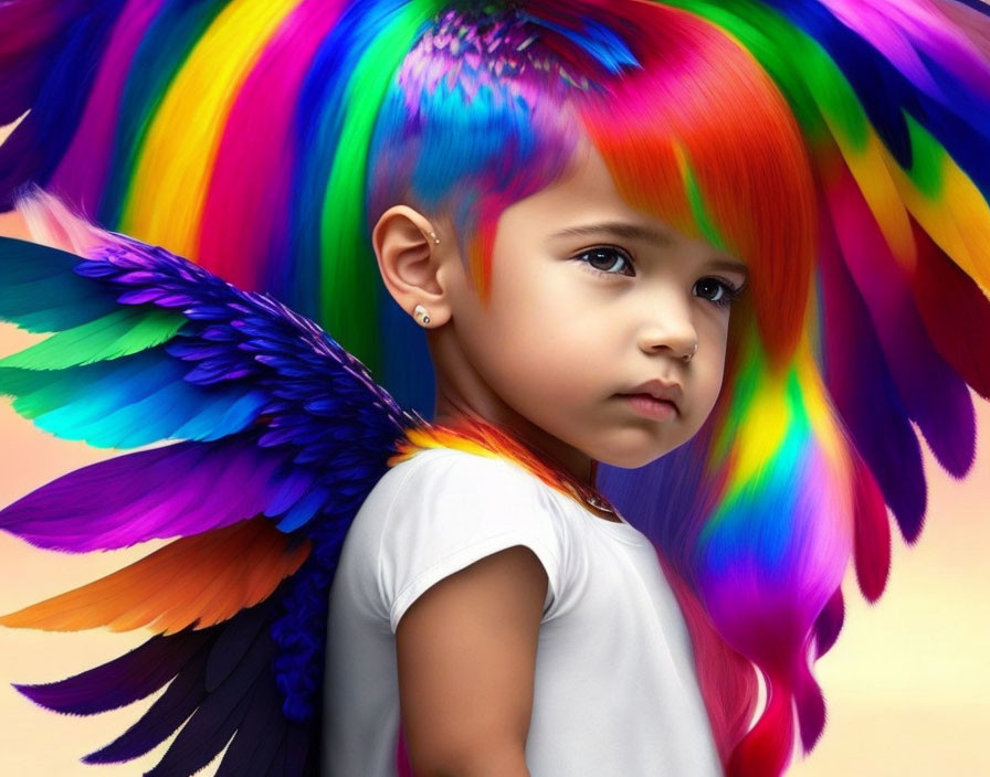 Multicolored haired child with wing-like appendages in thoughtful gaze