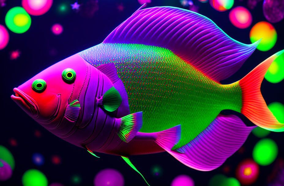 Neon-colored fish with rainbow sheen in digital art.