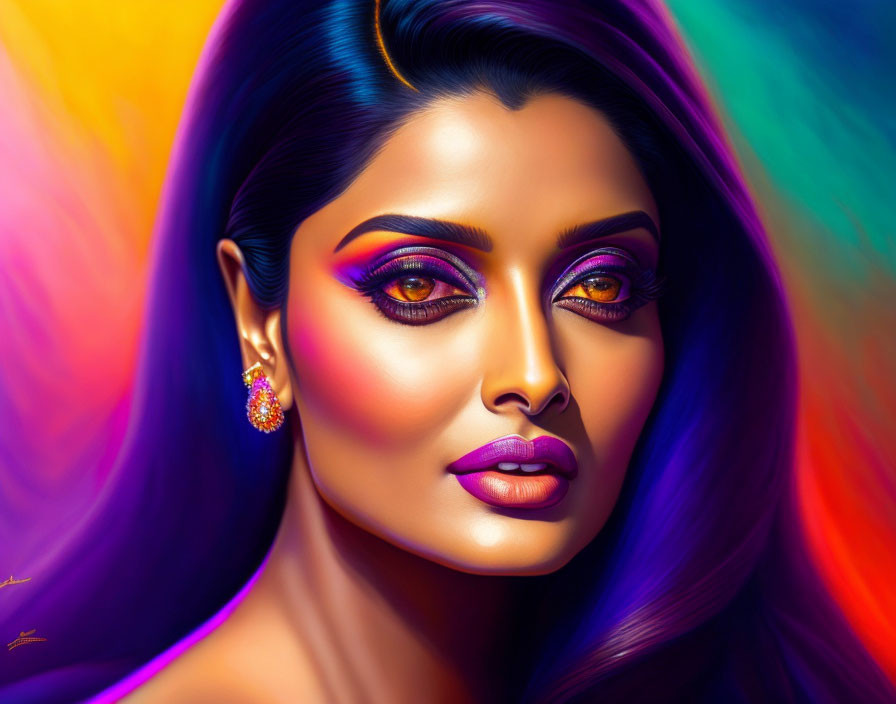 Colorful Makeup Portrait of Woman with Prominent Eyes and Purple Lips
