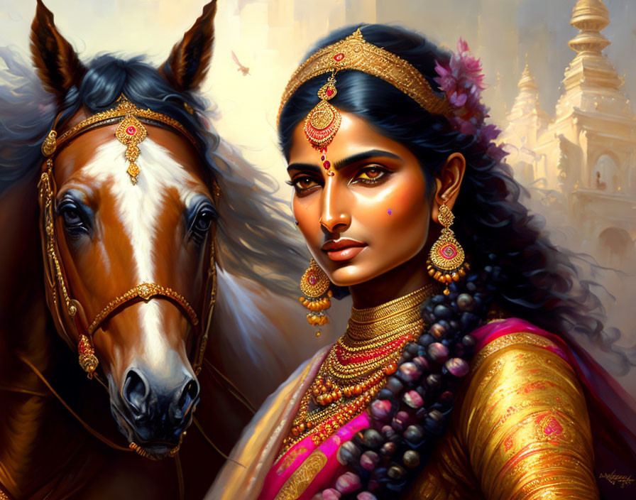 Traditional Indian Attire Woman with Horse and Temple Background