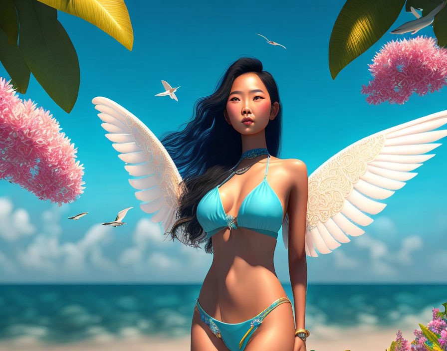 Digital Art: Woman with Angel Wings on Tropical Beach