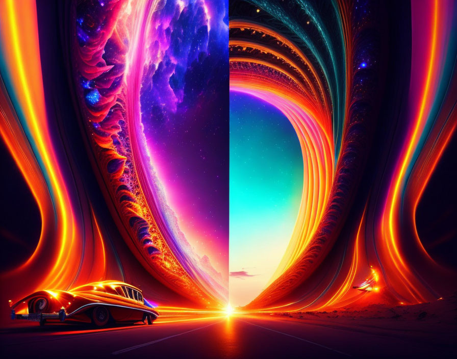 Colorful digital art: classic car on cosmic road under starry sky
