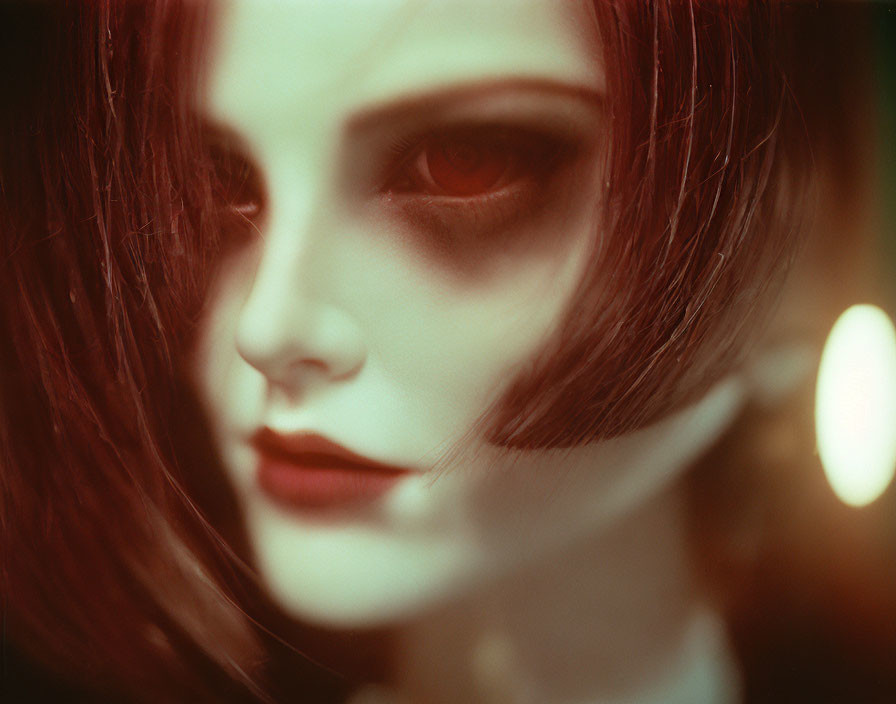 Close-up of person with deep red eyes, dark makeup, and flowing red hair.
