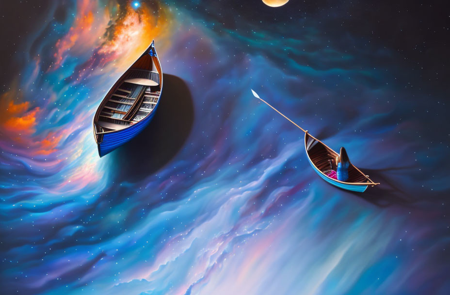 Surreal cosmic ocean scene with two drifting boats