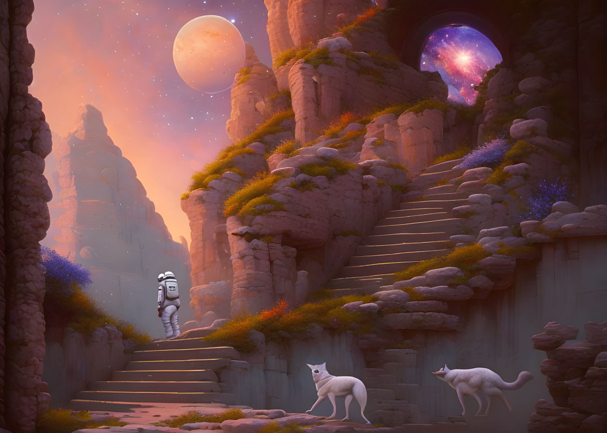 Fantastical dusk landscape with moon, creature on steps, and foxes under starry sky