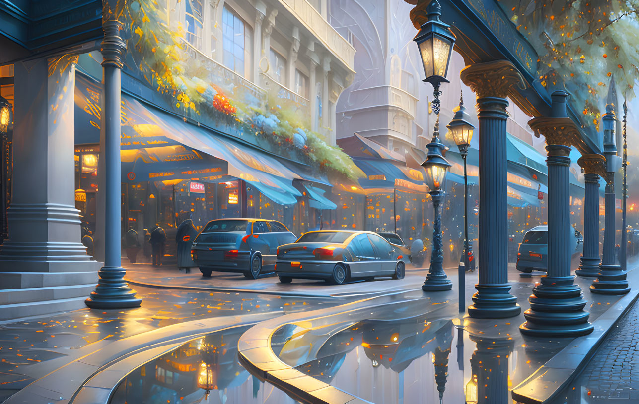 City Twilight Scene: Cars, Shop Fronts, Street Lamps, Wet Pavement