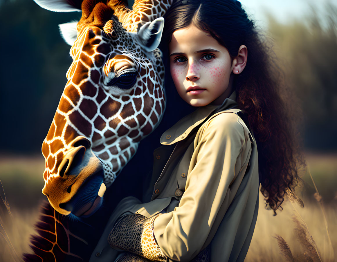Young girl with striking eyes and freckles next to giraffe in serene setting