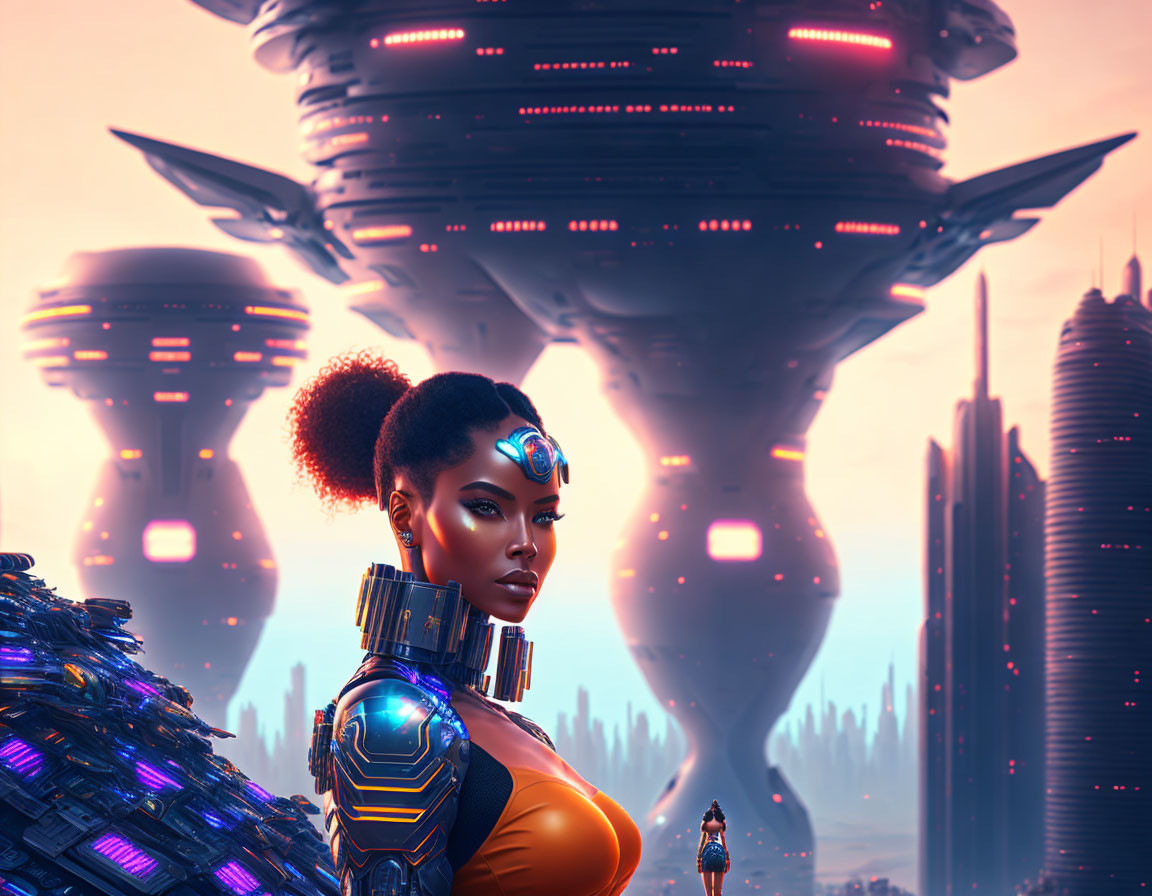 Futuristic female warrior in cybernetic armor with alien cityscape and spaceship